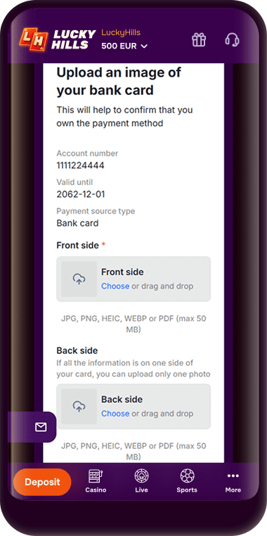 Screen for uploading photos of the front and back of your bank card