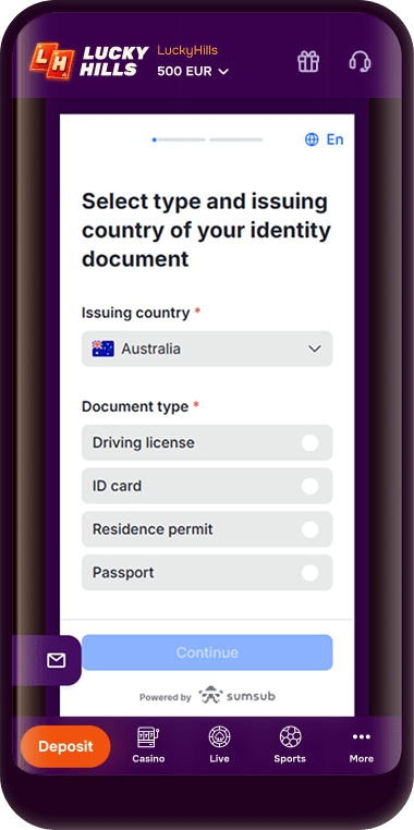 Document type selection screen with ID card, passport, residence permit, and driver’s licence options